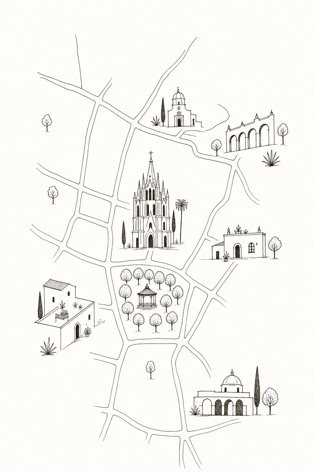 Simplified illustrated map of central San Miguel de Allende